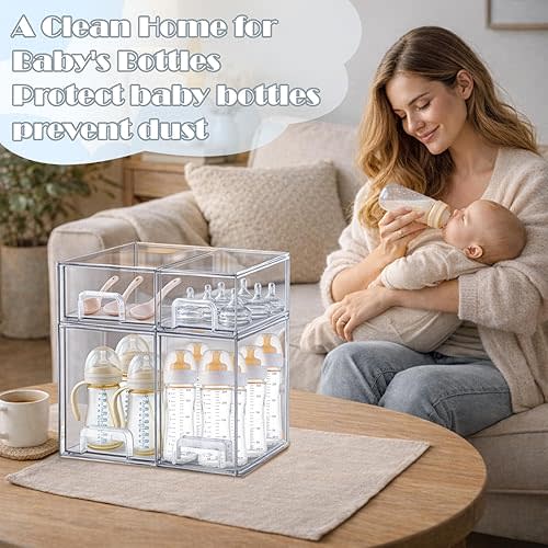 zebrater Baby Bottle Organizer-4 Pack Stackable Storage Drawers, Baby Organizers and Storage with Hooks, Clear Acrylic Multipurpose Bottle Storage for Countertop,Kitchen,Cabinet,Vanity,Bathroom