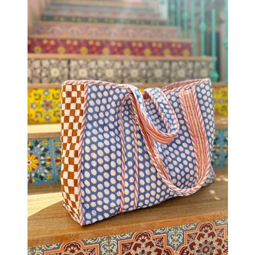Quilted Cotton Handprint Reversible Jaipur Blue Polka Earthy Check Stripe Tote Bag Sustainable Sturdy Grocery Shopping Handmade Artist Boho