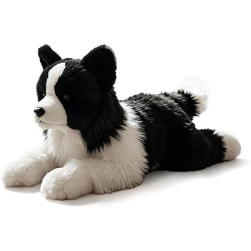 Border Collie Dog Stuffed Animal Lying Black White Dogs 12 Inch Plush Toy Smartest Cute Soft Realistic Sheepdog Plushies Cuddly Puppy for Kids Baby Boys Girls Farm Room Decor