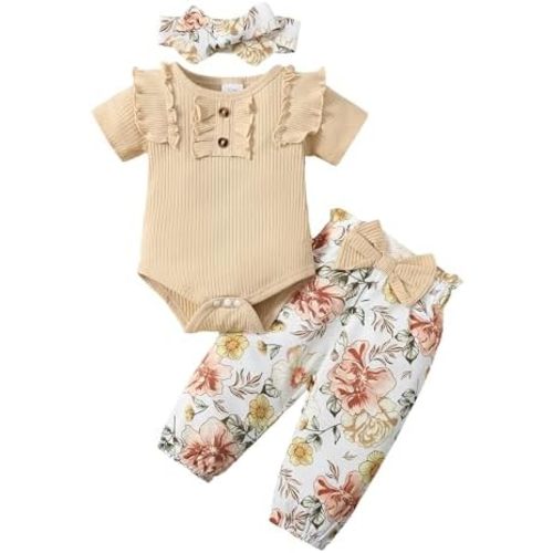 SUNNY PIGGY Baby Girl Clothes Infant Newborn Outfits Ruffle Short Sleeve Romper Tops Floral Pants Set With Headband
