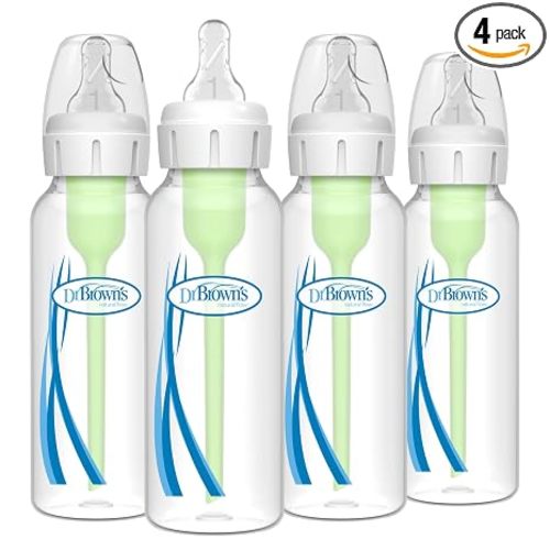 Dr. Brown's Natural Flow Anti-Colic Options+ Narrow Baby Bottle, 8 oz/250 mL, with Level 1 Slow Flow Nipples, 0m+, 4 Pack