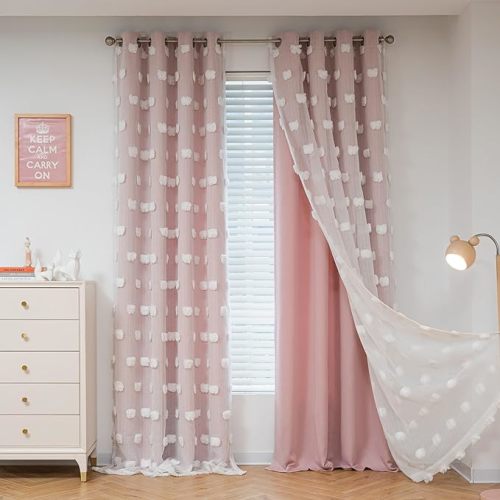 MYSKY HOME Double Layer Curtains for Girls Bedroom Kids Curtain White Pom Pom Sheer Window Curtains 2 Panels Pink Curtains Grommet Room Darkening Solid Nursery Curtains 63 Inches Length, W52 X L63