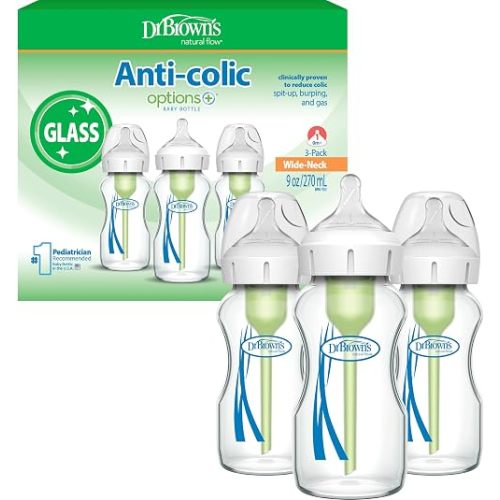 Dr. Brown's Anti-Colic Options+ Wide-Neck Glass Baby Bottle, 9 oz, 3-Pack