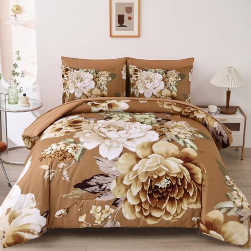 Dintszyayue King Comforter Set Brown 7 Picecs Floral Bedding Set,Complete Bed in a Bad Elegant Flower Lightweight Bed Comforter Set for All Season with Flat Sheet, Fitted Sheets, Pillowcases & Shams