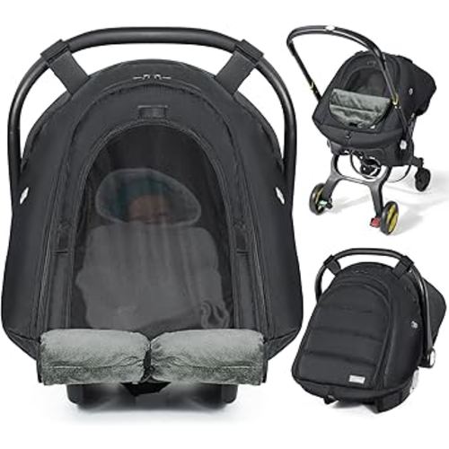 Orzbow Winter Car Seat Cover for Babies, Waterproof Carseat Canopy Cover with Mesh Window of Breathable, Warm and Cozy Baby Car Seat & Carrier Covers for Cold Weather, Machine Washable, Black