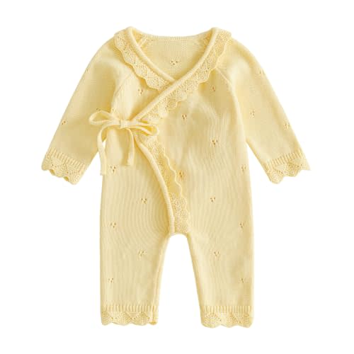 Kupretty Newborn Girl Outfit Baby Sweater Knit Romper Jumpsuit | Coming Home Outfit Baby Girl Knit Clothes Kimono Wrap Romper Fall Winter Clothes Long Sleeve Side Tie Footless Jumpsuit