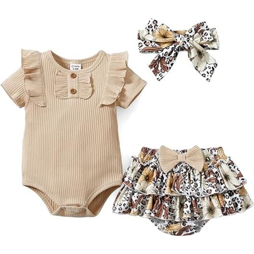 PATPAT Baby Girls Clothes Infant 2 Piece Outfit Summer Cotton Ruffle Sleeve Romper and Floral Shorts Set