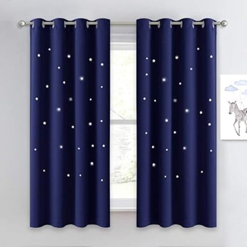 NICETOWN Children Blue Kids Blackout Curtain - Hollow Star Space Inspired Night Sky Twinkle Christmas Star Curtain, Window Drape for Bedroom (1 Panel, 52 x 63 inches Panel, Navy Blue)