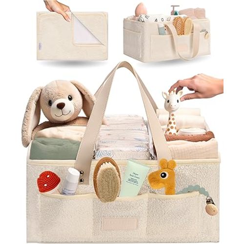 Baby Diaper Caddy Organizer with Portable Changing Mat - Teddy Fleece Diaper Organizer for Changing Table - Basket for Changing Essentials - Baby Essentials Organizer with Removable Dividers