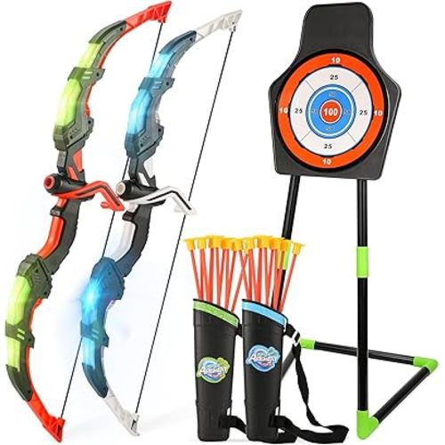 Bow and Arrow Set for Kids, 2-Pack LED Light Up Archery Set with 20 Suction Cup Arrows, Indoor and Outdoor Toy for Boys Girls Age 4-8 8-12 with Standing Target&2 Quivers, Birthday Gift 3-12 Years Old