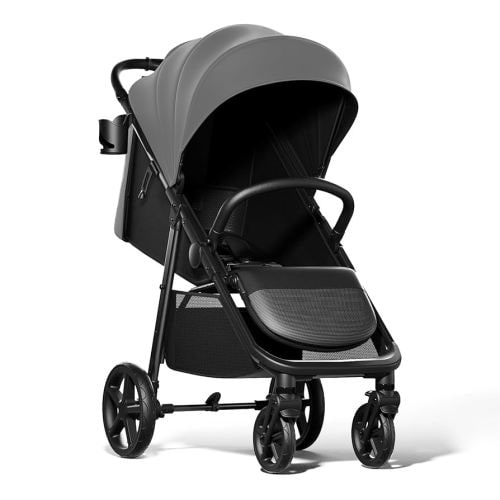Mompush Nova Baby Stroller for Newborn, Infant & Toddler | Spacious Seat & Lie-Flat Mode | Compact One-Hand Fold, UPF 50+ Canopy & All-Wheel Suspension | Includes Rain Cover & Cup Holder, Grey