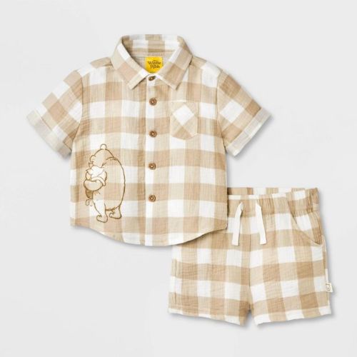 Baby Boys' 2pc Disney Winnie the Pooh Collection Plaid Gauze Short Sleeve Button-Down Shirt & Shorts Set - Brown Newborn