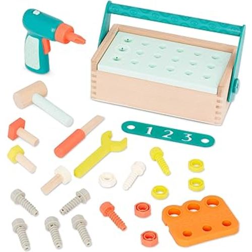 B. toys – Fix ‘n’ Play Kit – Pretend Play Tool Box – Wooden Toolbox & Accessories (25 Pieces) – Carpenter Set for Kids – Play Set with Drill, Hammer, Screwdriver & More – 3+ Years