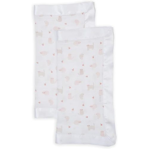 Lulujo Security Lovey Blankets | Unisex Softest Breathable Cotton Muslin Security Blanket Set with Silky Satin Trim | Neutral Comforting Blanket for Girls & Boys | 16in x 16 in | Kitty Cat