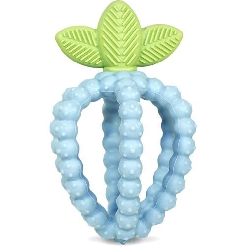 RaZbaby Bites Silicone Baby Teething Toy – Sensory Toy with Textured BerryBumps for Teething Relief, Easy-to-Hold Fruit Shape, BPA-Free, Soothes Front & Back Teeth – Gift for Babies, 3 Months+, Blue