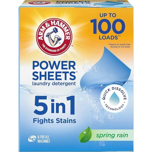 ARM & HAMMER 5-in-1 Power Sheets Laundry Detergent, Spring Rain, 50 Count, up to 100 Small Loads