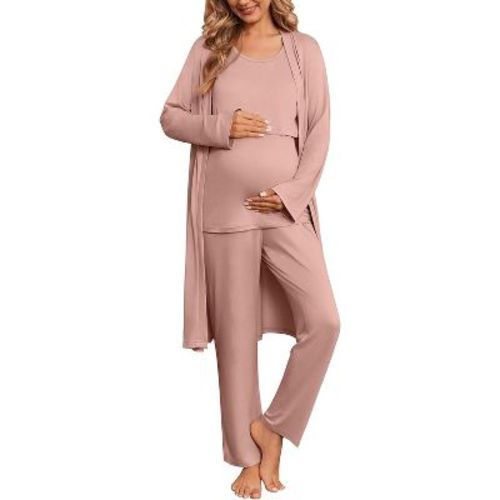 Ekouaer Nursing Pajamas Maternity Robe Set 3 Pieces Postpartum Maternity Pajama Set Pregnancy Breastfeeding Pj Dusty Pink XL