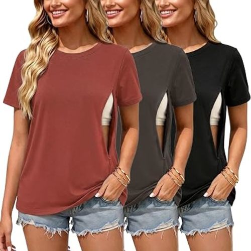 Ecavus 3 Pack Nursing Shirts for Breastfeeding, Hidden Zippers Nursing Tops