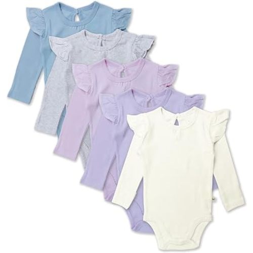 HonestBaby Baby Girls' 5-pack Long Sleeve Ruffle Shoulder Bodysuits 100% Organic Cotton for Infant Baby Girls