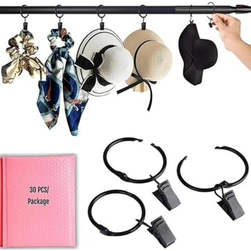 Clip Stainless Steel Openable Circle Hooks Curtain Clips, 30 Pack Hanging Party Lights Hangers Gutter Photo Camping Tents, Art Craft Display, Garden Courtyards Decoration, 1.5 Inch Black