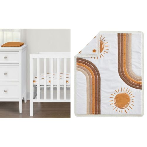 Sweet Jojo Designs Gender Neutral Unisex Baby Mini Crib Bedding Set - Boho Sun Orange Beige and Tan 3pc