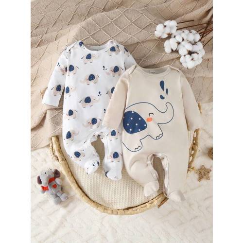 2pcs White And Blue Cute Elephant Print Newborn Baby Long Sleeve Full Length Romper Pajamas, Simple & Fashionable | SHEIN USA