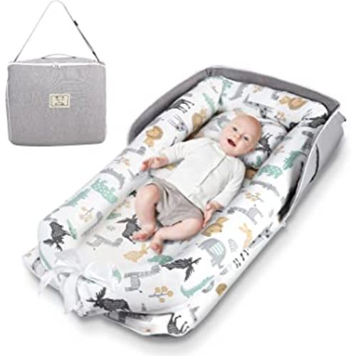 Baby Lounger Cover Adjustable Baby Nest Cover for Co Sleeping, Ultra Soft 100% Cotton Baby Bed Cover Perfect for Traveling and Napping(Grey Animal)