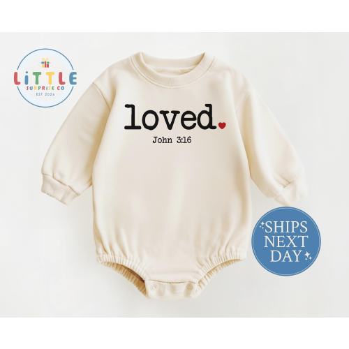 Natural Loved John 3:16 Baby Romper, Bible Verse Bodysuit, Loved Christian Onesie®
