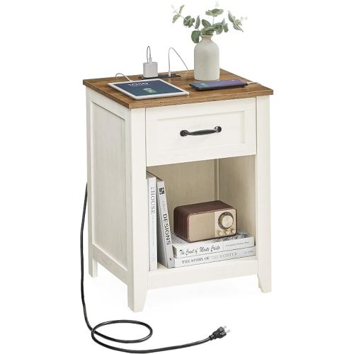 VASAGLE Farmhouse Nightstand with Charging Station, 1 Drawer