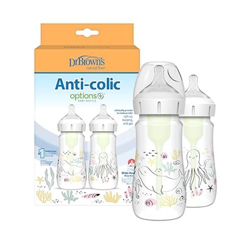 Dr. Brown's Anti-Colic Options+ Wide-Neck Baby Bottle Designer Edition Bottles, Ocean Decos, 9 oz/270 mL, Level 1 Nipple, 0m+, 2-Pack