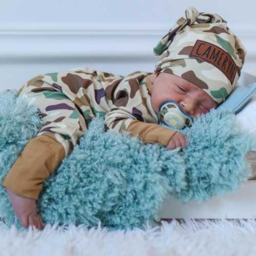Duck Camo Bamboo Baby Outfit: Zippy Onesie And Personalized Matching Knot Hat