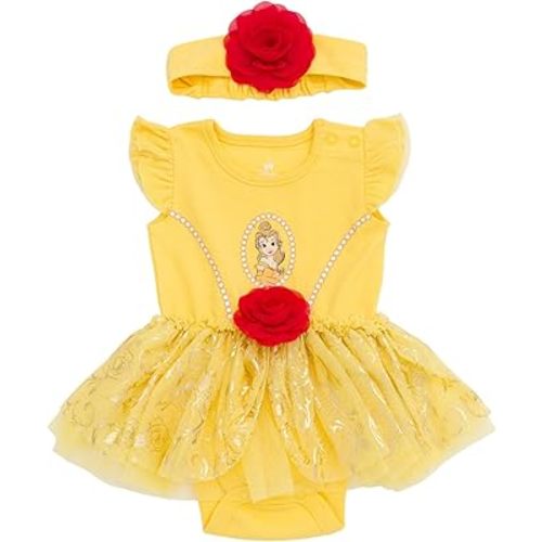 Disney Princess Baby Girls Cosplay Bodysuit With Skirt Overlay & Headband Outfit Set Newborn to Infant Sizes (0-24 Months)