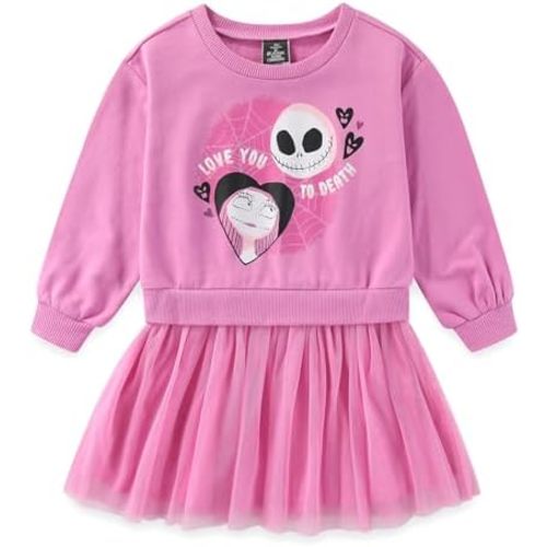 Disney Nightmare Before Christmas Jack Skellington and Sally Girls Long Sleeve Tulle Dress for Toddler and Big Kids