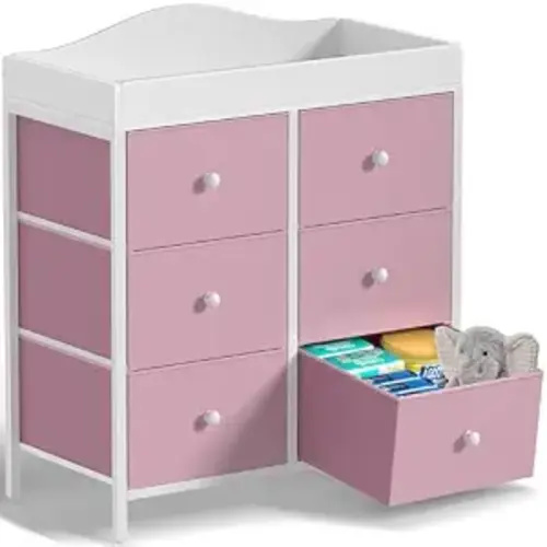 BOLUO Changing Table Dresser with 6 Fabric Drawers, Baby Dresser with Changing Table Top Diaper Changing Station with Storage for Nursery Modern Pink