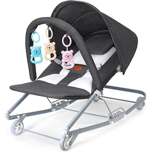 HKAI Rocking Baby Bouncer with Canopy, 2-Mode Rocking & Rolling Infant Seat, Portable Baby Chair for 0-18 Months(Grey)