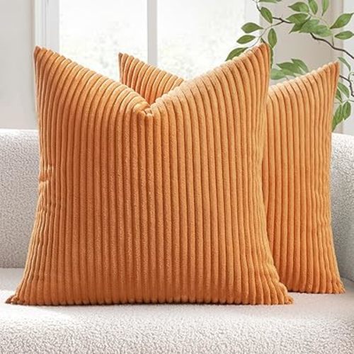 MIULEE Pack of 2 Burnt Orange Pillow Covers 18x18 Inch Soft Boho Striped Corduroy Throw Pillow Covers Set Decorative Square Cushion Cases Pillowcases for Sofa Bedroom Couch