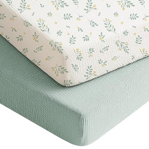 Konssy Muslin Crib Sheets for Boys, Soft Cotton Neutral Baby Sheets for Standard Crib Mattress 2 Pack, 52"x28" (Leaf,Green)