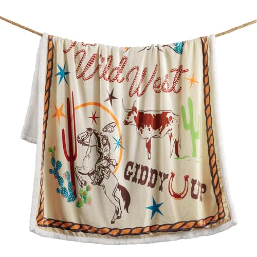 Indigo Hill by HiEnd Accents Retro Rodeo Sherpa Throw Blankets, Riders Salute Cowgirl Horseshoe Cactus Print Western Blanket for Camping, Rustic Southwest Southwestern Fleece Blanket, 54x68 inch