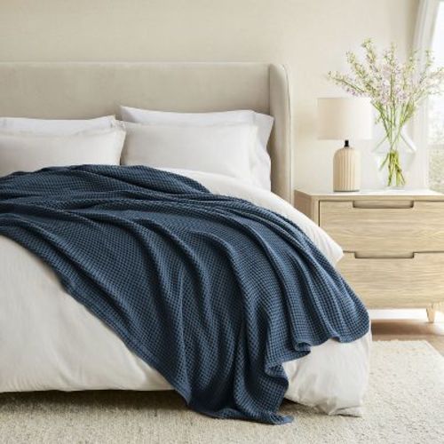 Waffle Blanket 100% Cotton, Soft Cozy Lightweight Bed Blanket for Bedroom, Couch or Chair, King, Queen, Twin, All-Season Woven Throw, King, Navy