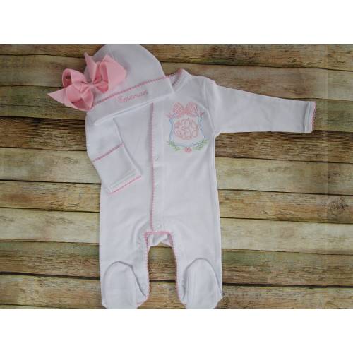 Personalized Knit Baby Girl Footie Set: Gingham Bow, Pink Trim