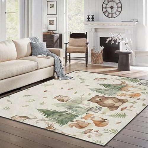 Area Rugs 5'x7' Washable Rug, Woodland Watercolor Animals Stain Resistant Non Slip Backing Forest Bear Carpet for Living Room Bedroom Dining Room