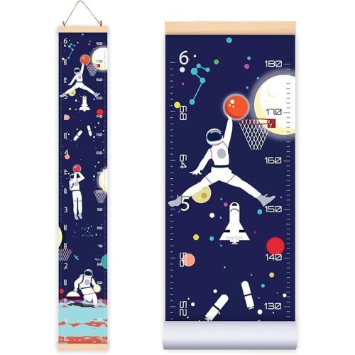 Height Growth Chart for Kids - Baby Measuring Canvas Ruler. Nursery Hanging Wall Decor for Boy Girl, Perfect Baby Shower Newborn Gift, Size in Foot Inches Centimeters. (Space Basketball)