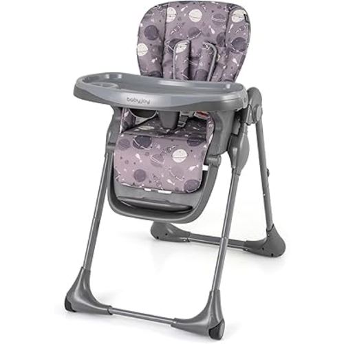 HONEY JOY Baby High Chair with Wheels, Foldable Feeding Chair for Space-Saving, Removable Cushion & Double Food Tray, Adjustable Heights & Recline Seat, Portable Highchair for Babies & Toddlers (Gray)