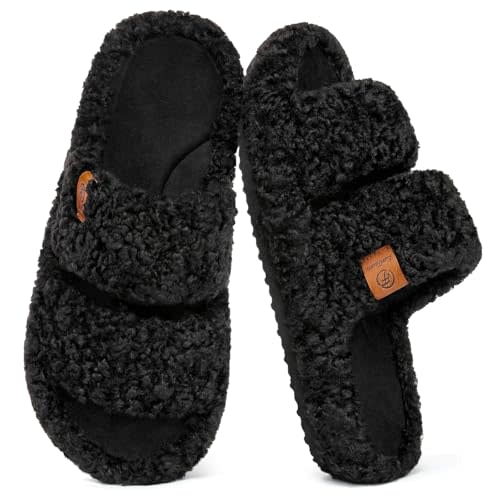 EverFoams Womens Fuzzy Open-toe Slippers Memory Foam Indoor House Shoes | machine-washable,gifts,memory foam,anti-slip sole,lightweight,indoor and outdoor,cozy