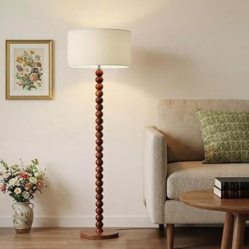 Buruis 61" Beaded Wood Floor Lamp with 17.2" Large Linen Shade, UL Listed, Retro Mid-Century Accent Walnut Finish Standing Lamp for Living Room, Bedroom, Office, Corner, Cream