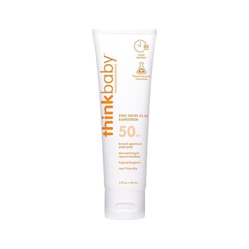Thinkbaby SPF 50+ Baby Sunscreen, 3 Oz. – Safe, Natural Mineral Sun Cream for Babies - Water Resistant, Broad Spectrum UVA/UVB Sun Protection – Vegan Sunscreen for Kids