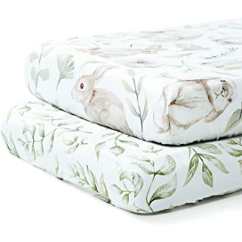 TCBunny 2 Pack Premium Fitted Baby Crib Sheets for Standard Crib Mattress - Ultra-Soft Cotton, Stylish Rabbit, and Garden Pattern, Safe and Snug for Baby, Boys and Girls, 28" x 52"