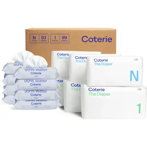 Coterie Baby Wipes + Diapers Kit, Size 1 (99 Count) & Size Newborn Diapers (93 Count), 8 Pack (448) Baby Wipes with 99% Water, Plant Based Materials, Hypoallergenic for Sensitive Skin