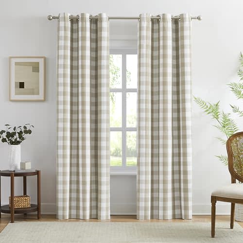 Amzdecor Beige White Buffalo Plaid Blackout Curtains 84 Inches for Bedroom | Thermal Insulated Noise Reducing Total Room Darkening Grommet Drapes,Vintage Farmhouse Window Treatment,2 Panels,40"Wx84"L