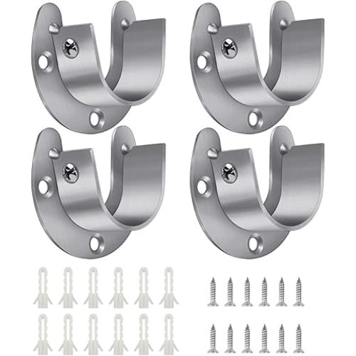 4 Packs Stainless Steel Wardrobe Bracket U-Shaped Rod Socket Flange 1-1/4" Diameter Heavy Duty Closet Rod Brackets End Supports for Closet Rod with Screws (Silver)